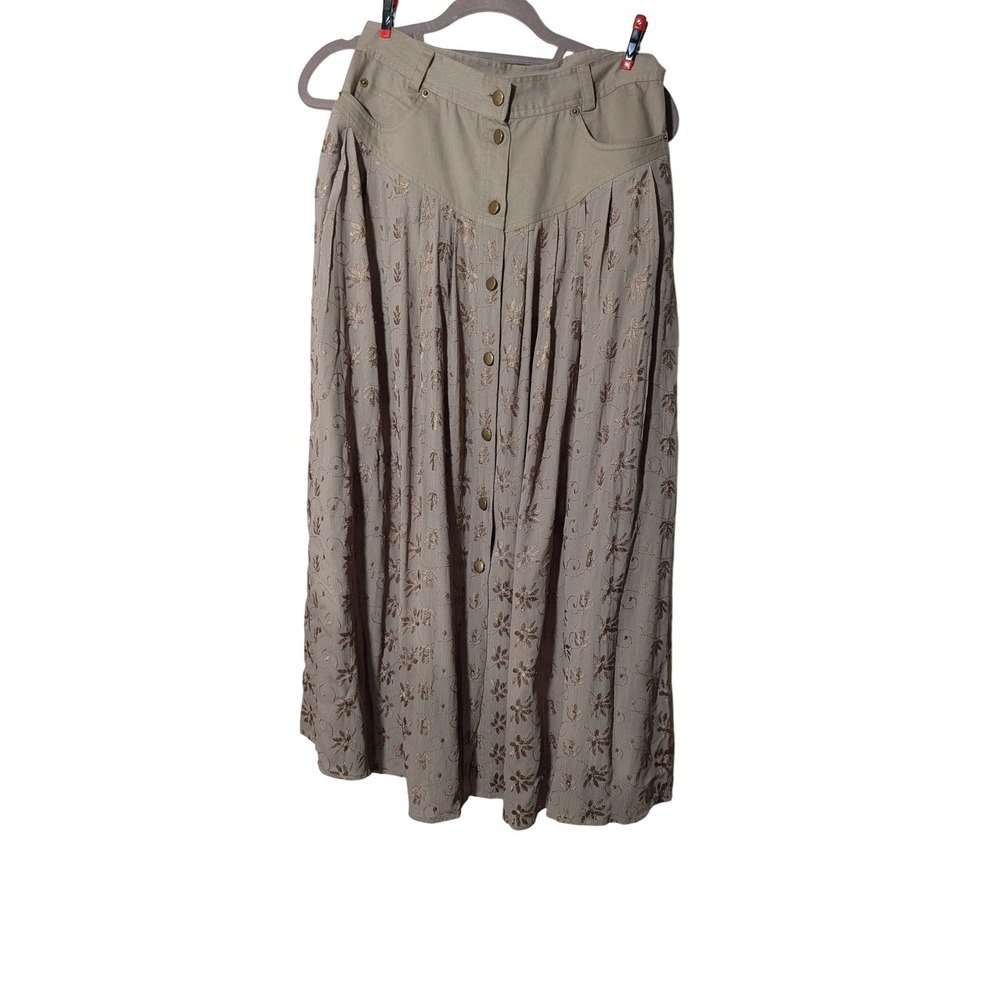 Vintage Together! Khaki Floral Embroidered Button Front Maxi Skirt Size 8 Boho